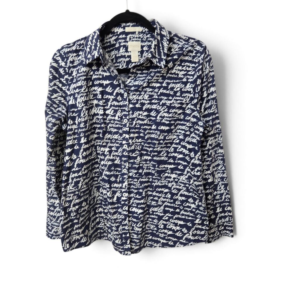 Chicos Coup De Foudre Love At First Sight Script Print Shirt Top Size 0 Small